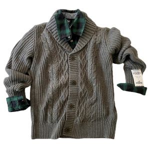 OshKosh boys 8 green check flannel button down with grey cable knit cardigan